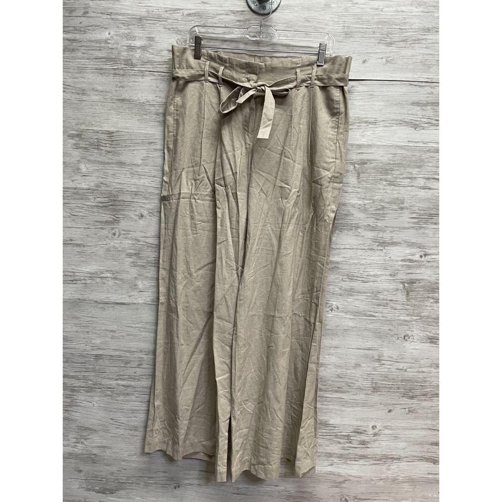 BCBG Max Azria Pants Size 8 Natural Tan Straight Paper Bag Tie Waist Linen Blend